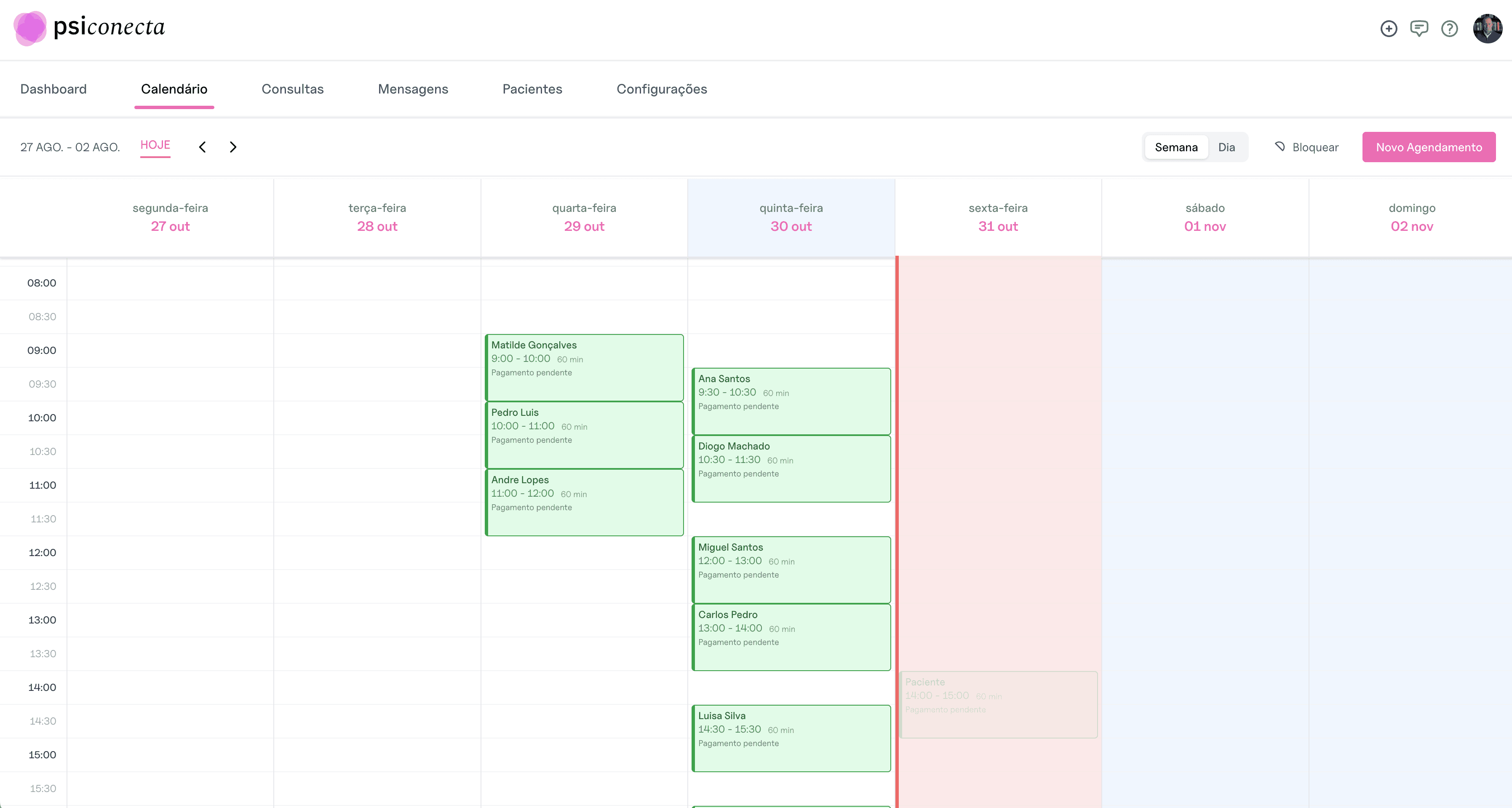 Vista da agenda e calendário da plataforma para psicólogos